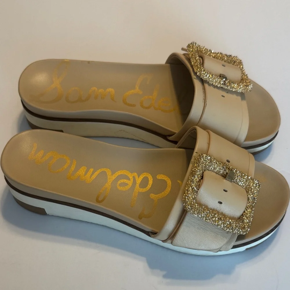 Sam Edelman Cream Slide Sandals with Gold Glitter Buckles - Picture 3 of 4